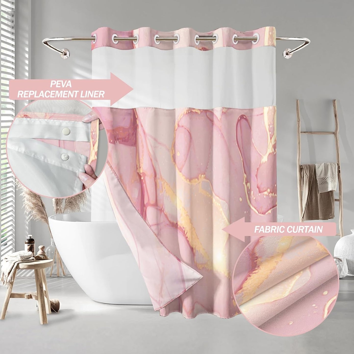 Lnond No Hooks Shower Curtain with Snap in Liner, Pink Gold Marble Hookless Shower Curtain for Bathroom,Machine Washable, 71" (W) X 74" (H)