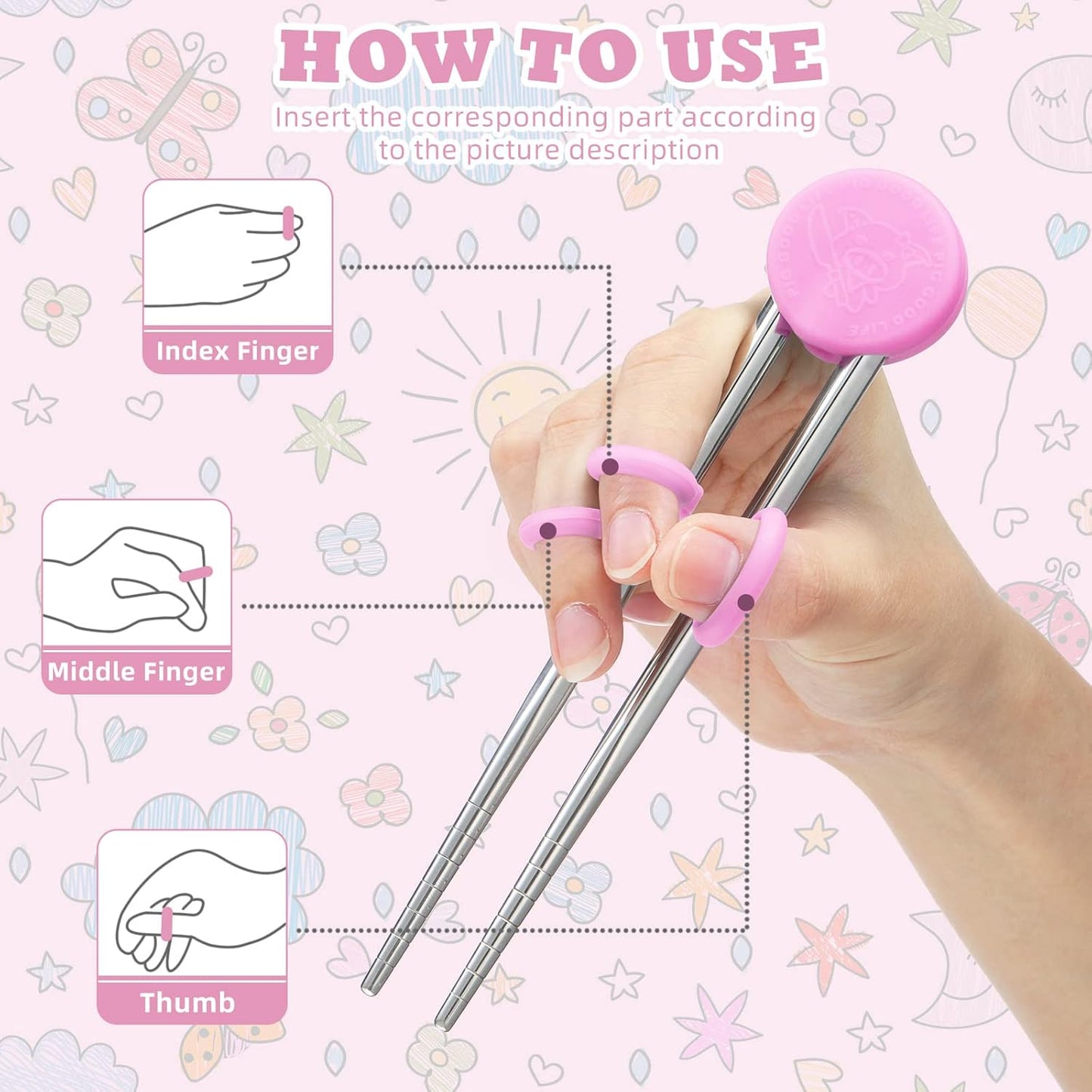 Patelai 2 Pairs Training Chopsticks for Kids, Learning Practice Chopsticks for Toddler Children Beginners Baby Non-slip Silicone Reusable Stainless Steel Metal Helper Tool(Pink)