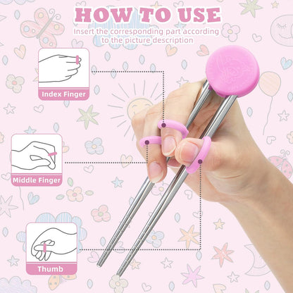 Patelai 2 Pairs Training Chopsticks for Kids, Learning Practice Chopsticks for Toddler Children Beginners Baby Non-slip Silicone Reusable Stainless Steel Metal Helper Tool(Pink)