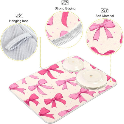 Kcldeci Pink Bows on A Light Dish Drying Mat Kitchen Counter Mat Draining Mat Kitchen Accessories Dish Rack Pad for Dishes, Utensils, Countertops, Sinks 16x18in