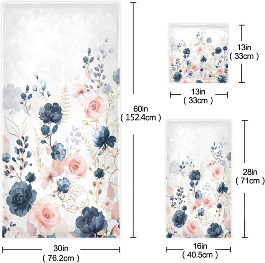3 PC Navy Blue Floral Bath Towels Set,Pink White Blossom Flowers Bathroom Towels,Soft Botanical Hand Towel,Watercolor Gold Rose Dish Towels,Decorative Fingertip Towels for Bathroom Kitchen