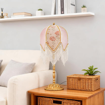 American Retro Pink Table Lamp, Handmade Custom Beaded Tassel Desk Lamp, Victorian Style, for Bedside Bedroom Living Room Study Room Home Office Reading Room Desk Lamp