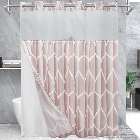 Yiatn No Hook Rosewater Pink Shower Curtain with Snap in Fabric Liner Set - Hotel Style with See Through Mesh Top Window, Modern Geometric Waterdrop Design,Waterproof and Washable, 71x74 INCH