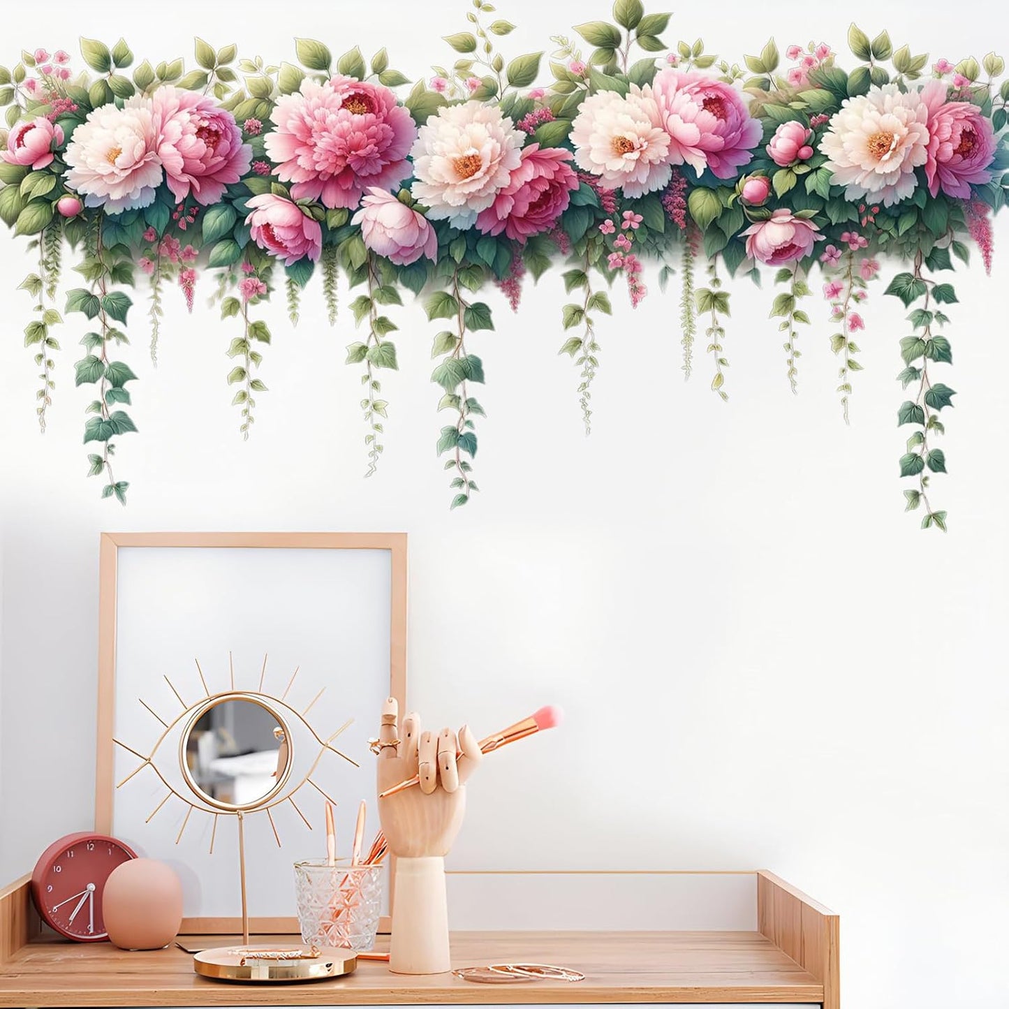 Removable DIY 3D Pink Peony Flower Wall Decals, Hanging Vine Vinyl Fresh Plant Green Leaves Art Decor for Girls Nursery Bedroom Living Room TV Background