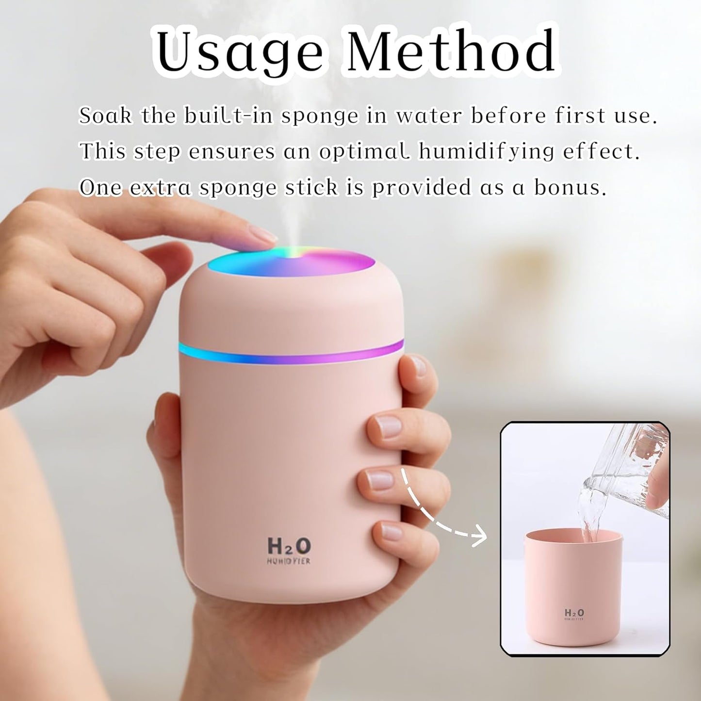300ml USB Cool Mist Small Humidifier with Colorful Lights,Portable Mini Humidifier, Perfect for Bedroom, Office, Plants, travel & Car, Pink