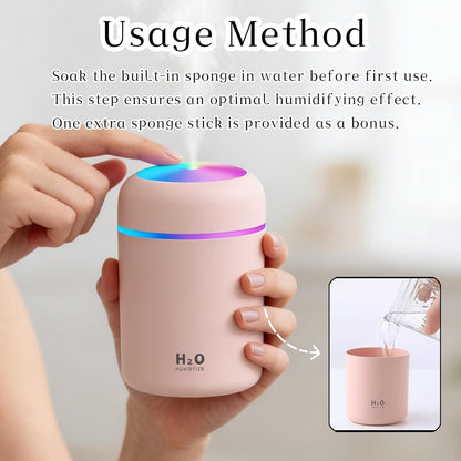 300ml USB Cool Mist Small Humidifier with Colorful Lights,Portable Mini Humidifier, Perfect for Bedroom, Office, Plants, travel & Car, Pink