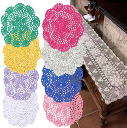 Handmade Lace Crochet Round Placemats and Cup Coasters Set, 20 cm Blended Fabric, Elegant Table Decor for Christmas, Tea Parties, Brunches and Festive Gatherings, 10 Pieces(Pink)