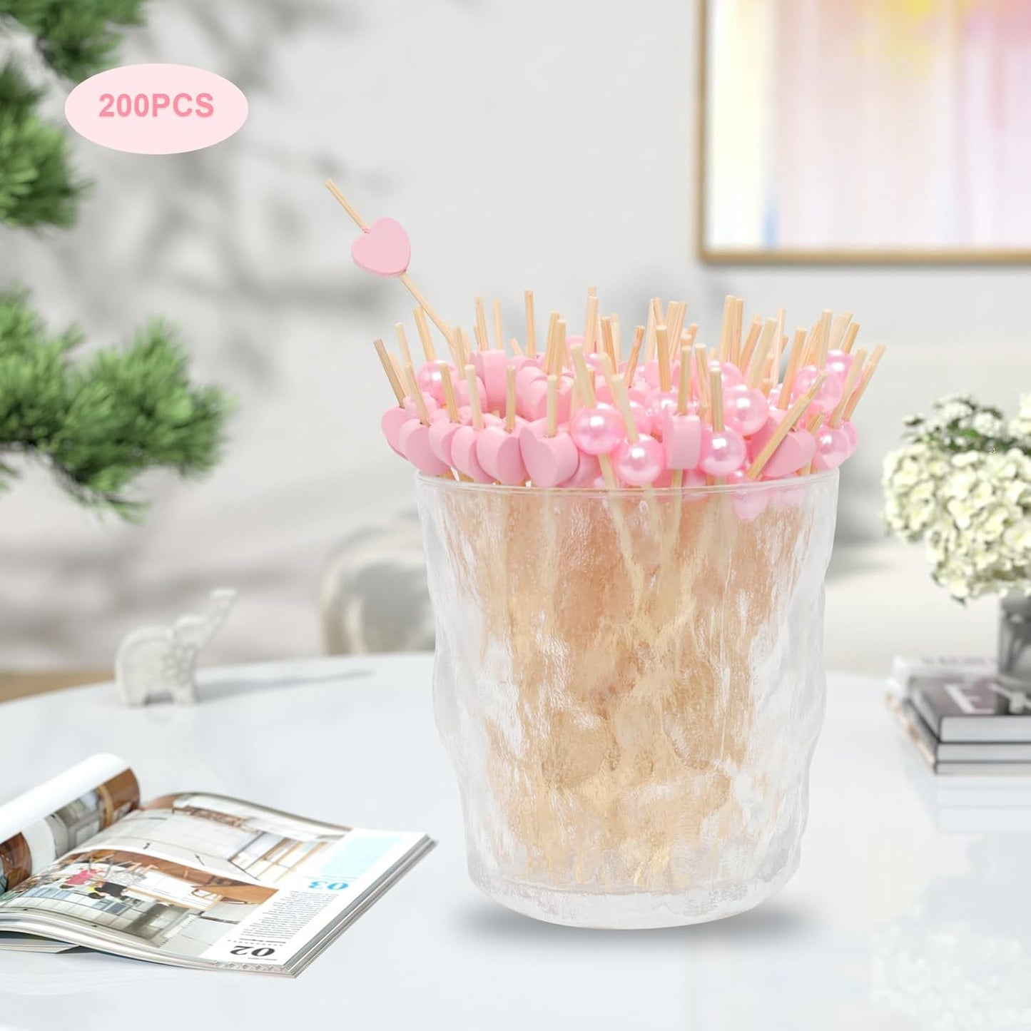 200 Pcs Heart Cocktail Picks Fancy Pearl Cocktail Toothpicks 4.7 Inch Long Bamboo Cocktail Picks Pink Food Toothpicks for Appetizers Cocktail Dessert Skewers Birthday Wedding Valentines Party