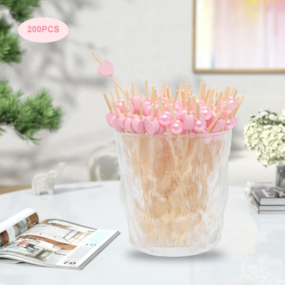 200 Pcs Heart Cocktail Picks Fancy Pearl Cocktail Toothpicks 4.7 Inch Long Bamboo Cocktail Picks Pink Food Toothpicks for Appetizers Cocktail Dessert Skewers Birthday Wedding Valentines Party