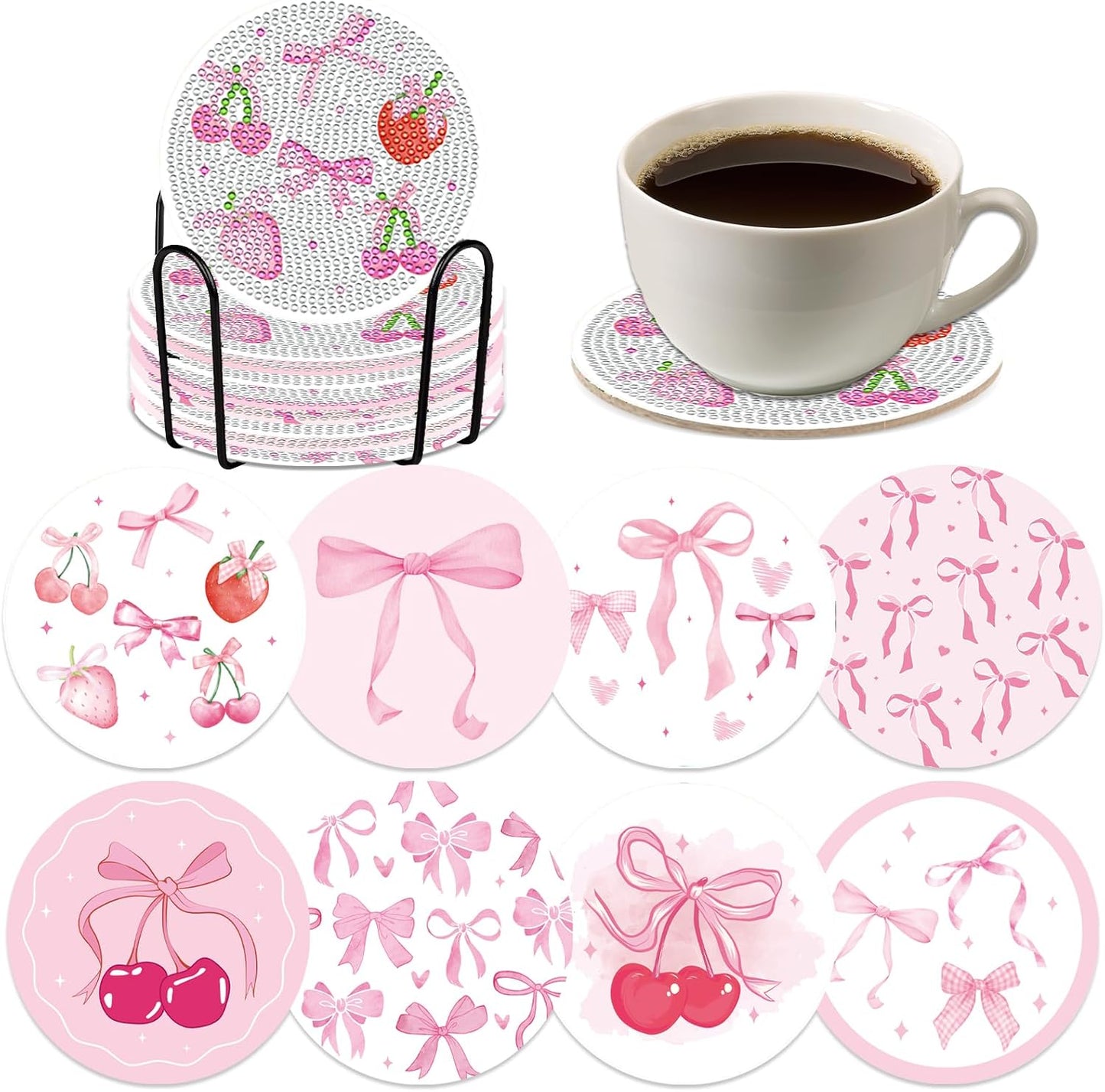 Pink Bow Diamond Art Coasters Kits - 8 PCS DIY Non Slip Diamond Painting Coasters with Holder Bowknot Cherry Strawberry Gem Art Craft Supplies for Adults Beginners Women Coquettee Home Table Decor