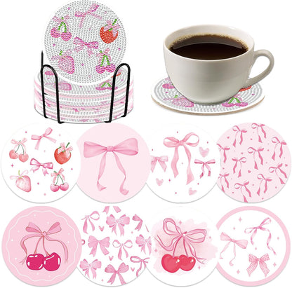 Pink Bow Diamond Art Coasters Kits - 8 PCS DIY Non Slip Diamond Painting Coasters with Holder Bowknot Cherry Strawberry Gem Art Craft Supplies for Adults Beginners Women Coquettee Home Table Decor