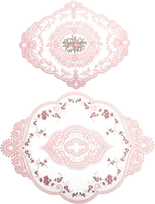 2 Pcs Retro Pink Lace Placemats, Vintage Flower Lace Doilies for Tables Oval Embroidered Cup Table Mats French Crochet Doilies for Wedding Cup Vase Table Decor
