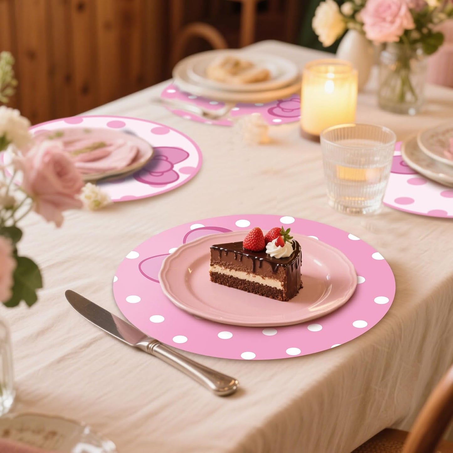 50 Pack Disposable Placemats 2 Styles Design Polka Dots Cute Bow Pink Round Paper Place Mats 13 Inches for Baby Shower Bachelorette Birthday Tea Party Dinner Table Decor