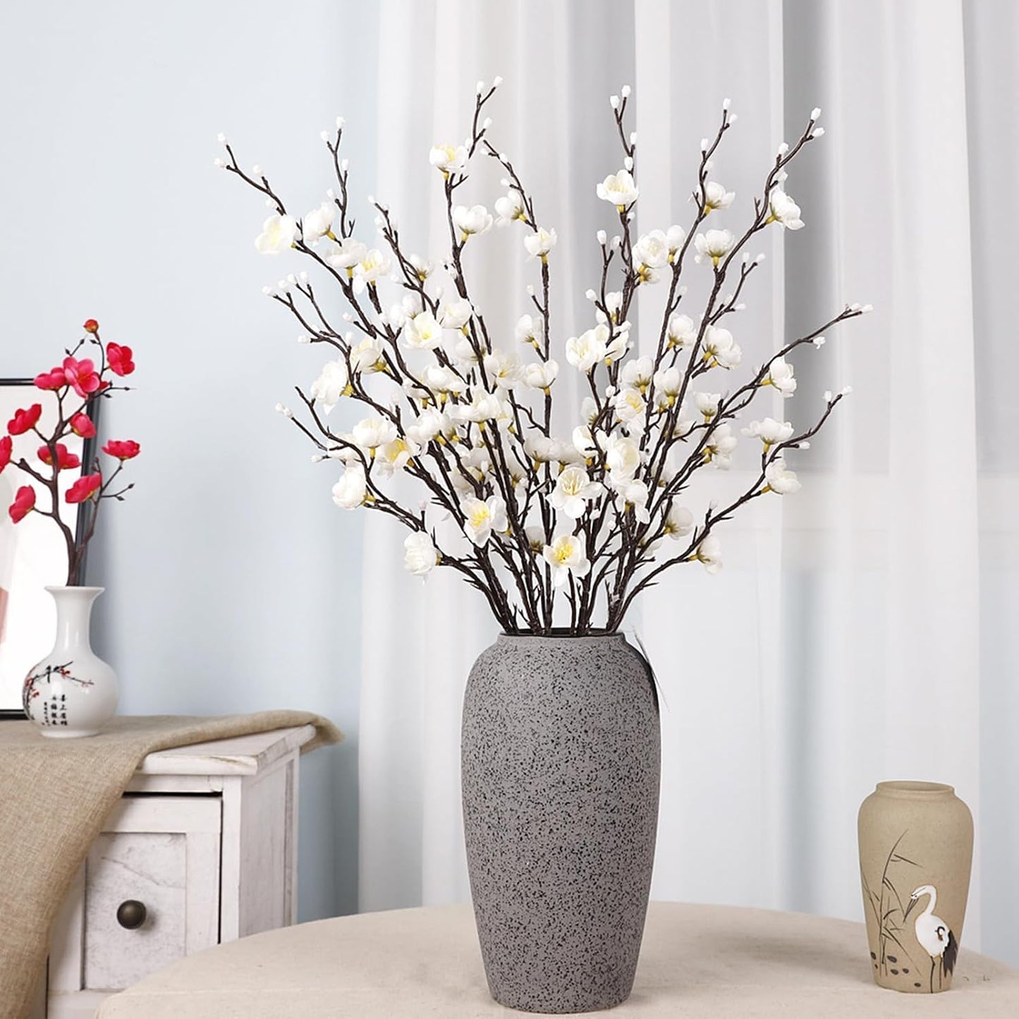 HERCHR Artificial Flowers, 7pcs Cherry Blossom Branches Spring Indoor Decoration 21.7in Long Stem Plum Fake Peach Plants for Wedding Home Hotel Bedroom Party Office Table Centerpieces Decor (White)