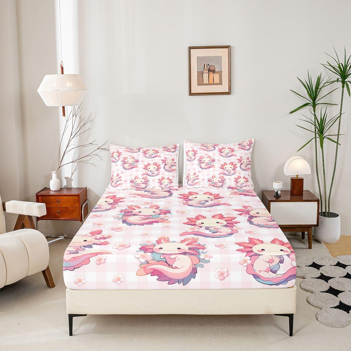 Erosebridal Kawaii Pink Axolotl Fitted Sheet Full Size Cartoon Peach Blossoms Bed Sheets Flower Salamander Bedding Set for Kids Boys Girls Women Lovely Animal Sheets
