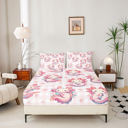 Erosebridal Kawaii Pink Axolotl Fitted Sheet Full Size Cartoon Peach Blossoms Bed Sheets Flower Salamander Bedding Set for Kids Boys Girls Women Lovely Animal Sheets