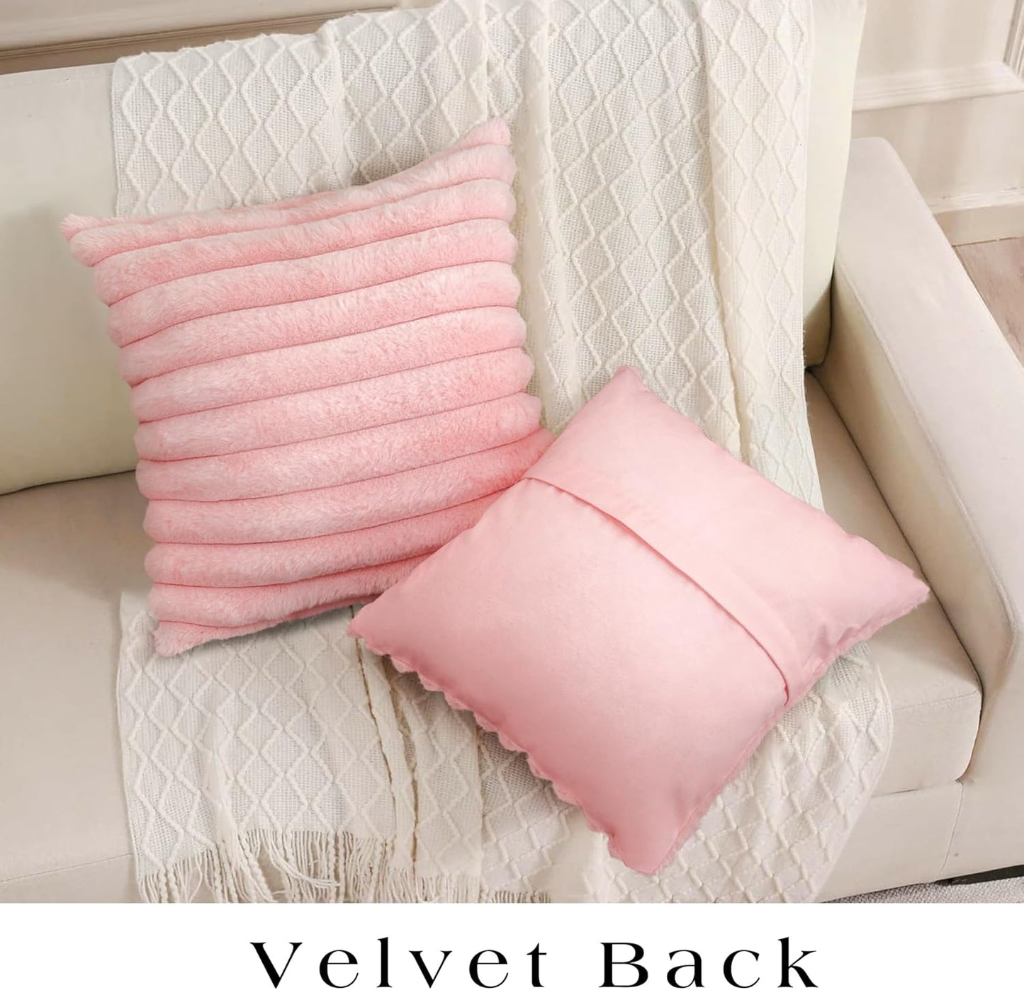 Uhomy Set of 2 Faux Fur Home Decorative Throw Pillow Cover Luxury Super Soft Fuzzy Striped Furry Pillowcase for Sofa Couch Bedroom Comfy Thick Fluffy Plush Cushion Cover 16x16 Inch Light Pink 40x40 cm