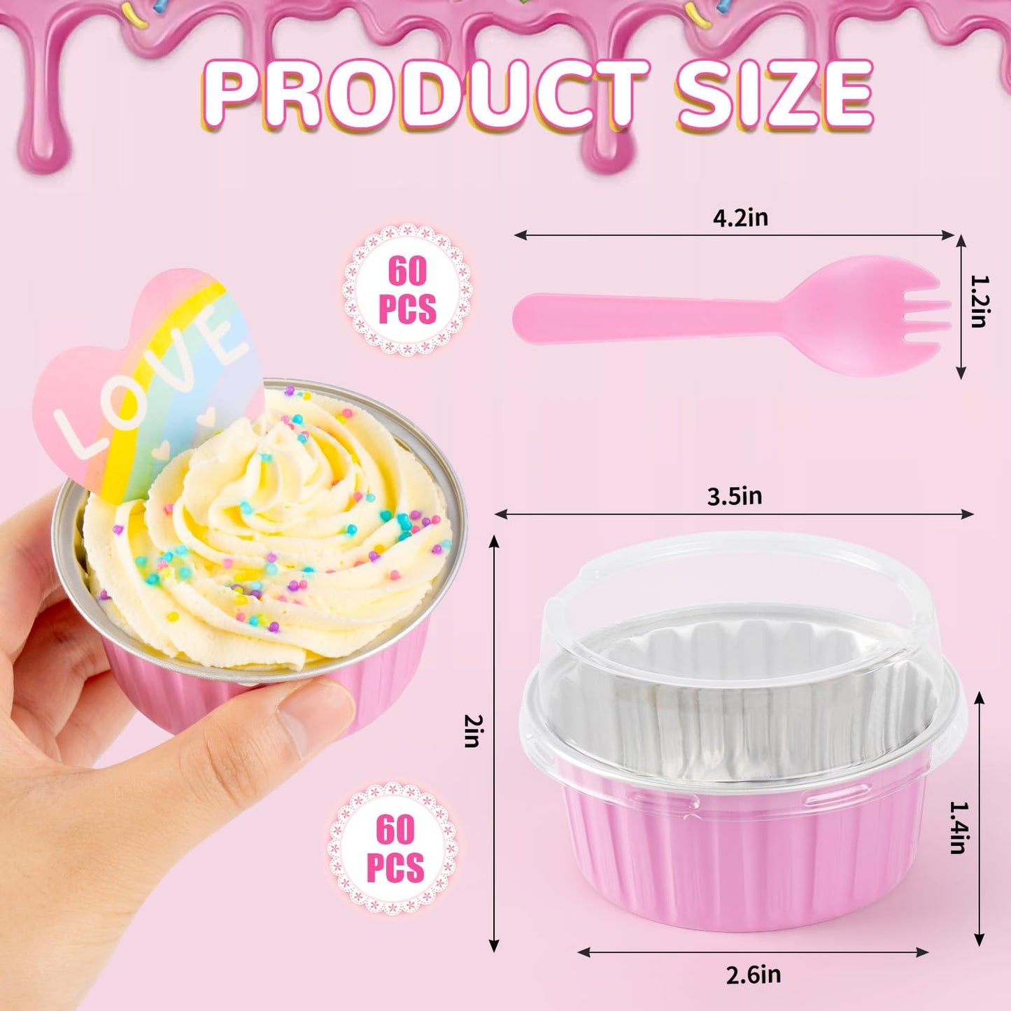 60Pcs Mini Loaf Pans with Lids and Spoons, Aluminum Foil Baking Pans, Round Mini Cake Pan, Brownie Baking Cups for Picnics Party (Pink)