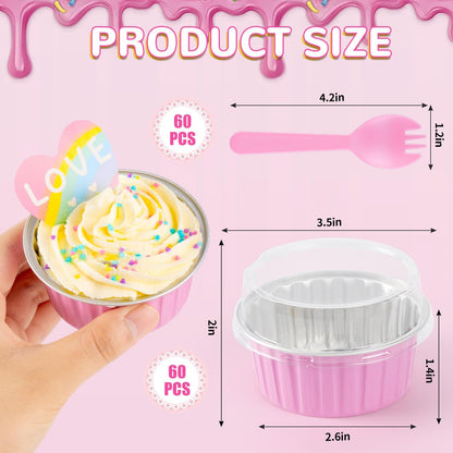 60Pcs Mini Loaf Pans with Lids and Spoons, Aluminum Foil Baking Pans, Round Mini Cake Pan, Brownie Baking Cups for Picnics Party (Pink)