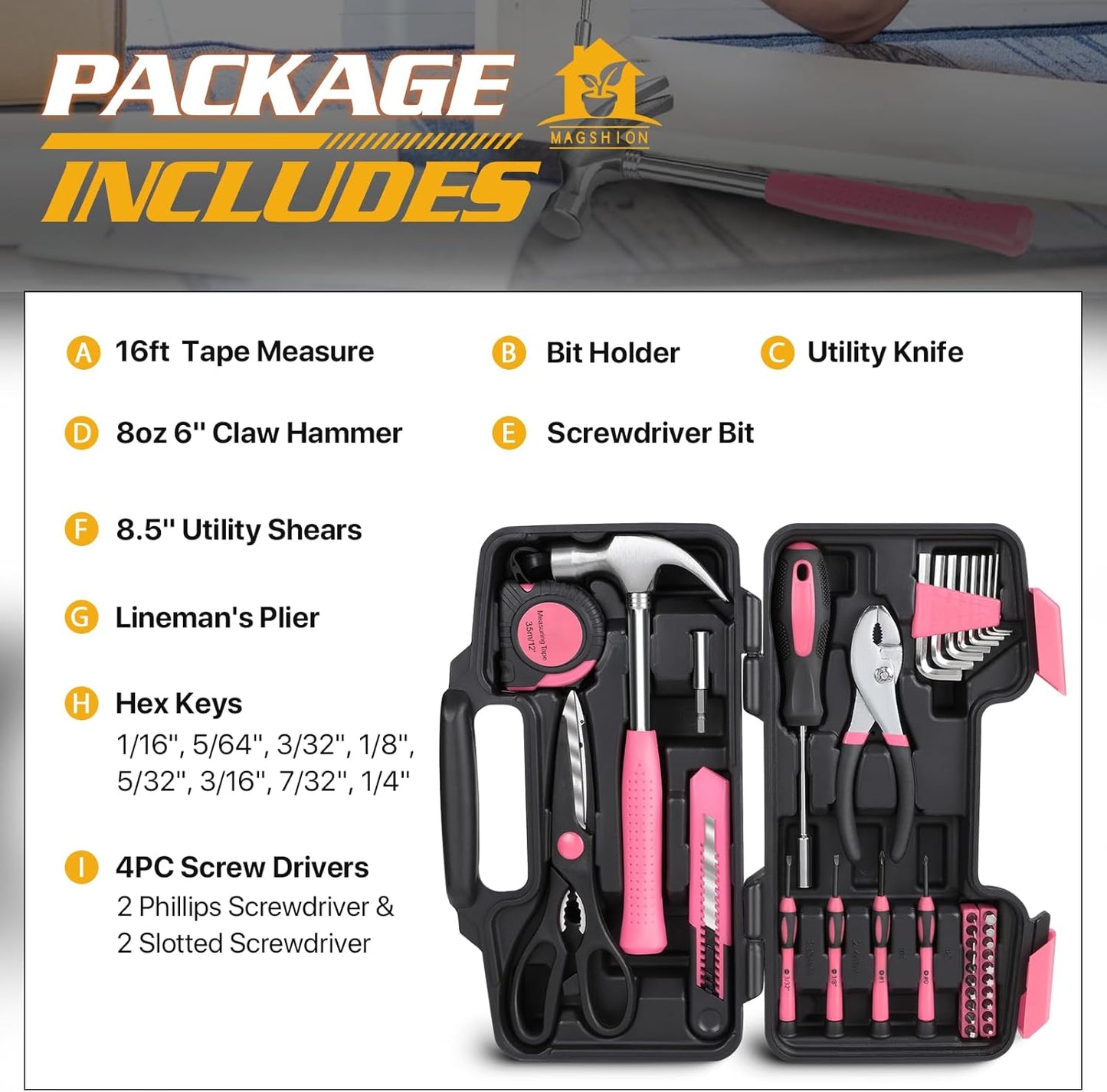 Magshion 39-Piece Household Tool Set, Small Hand Tool Kit for Home, Garage, Office, and Dorm Repairs, Includes Hammer, Pliers, Screwdrivers, Hex Keys & Storage Case (Pink)