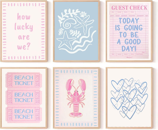 Zuowclli 6Pcs Coastal Granddaughter Wall Art Prints Pink Blue Beach Beach Preppy Wall Decor Pictures Summer Beachy Aesthetic Posters for Girly Bedroom Dorm Apartment Home Decoration Unframed 8x10in
