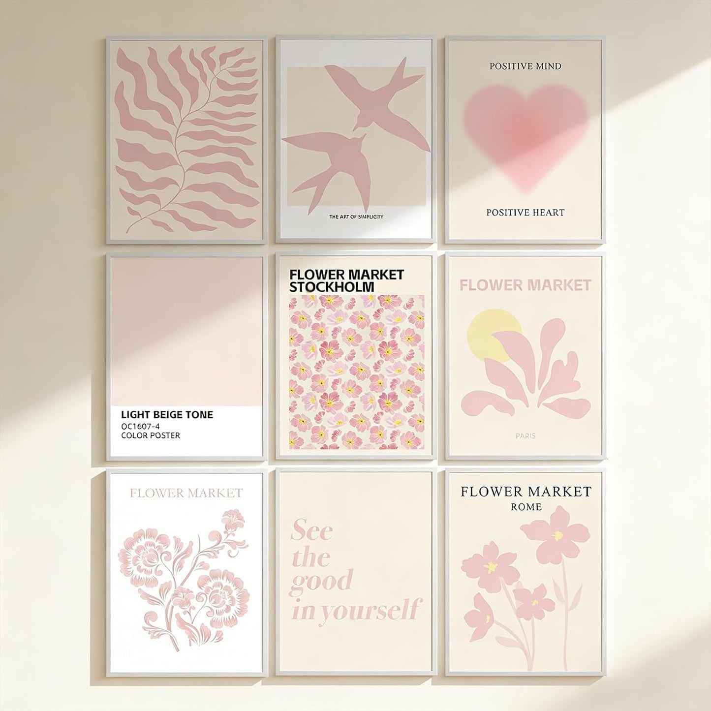 ZYLORI 9 Pcs Pink Preppy Room Decor - 8x10 Unframed Aesthetic Abstract Flower Posters, Pastel Gallery Wall Art, Chic Boho Prints for Teen Girls Bedroom, College Dorm Essentials