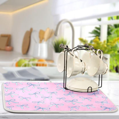 Bows Light Blue Dish Drying Mat Pink Cute Printed Dry Dishes Pads Mats,Absorbent Countertops Tableware Protector for Kitchen Counter Coffee Bar
