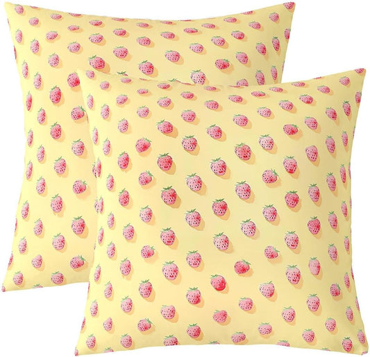 Manfei Cute Strawberry Pattern Throw Pillow Covers Set of 2 Pink Cute Fruit Theme Cushion Covers for Couch Sofa Rustic Warm Style Decorative Pillowcases Yellow Soft Outdoor Pillows Covers,20"x20"