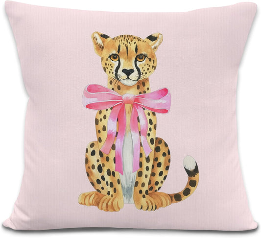 Pink Cheetah Throw Pillow Covers 18x18inches, Coquette Bow Leopard Decorative Pillowcase Cases, Preppy Trendy Cheetah Throw Pillow Covers for Couch Sofa Home Girly Room Bedroom Dorm Decor