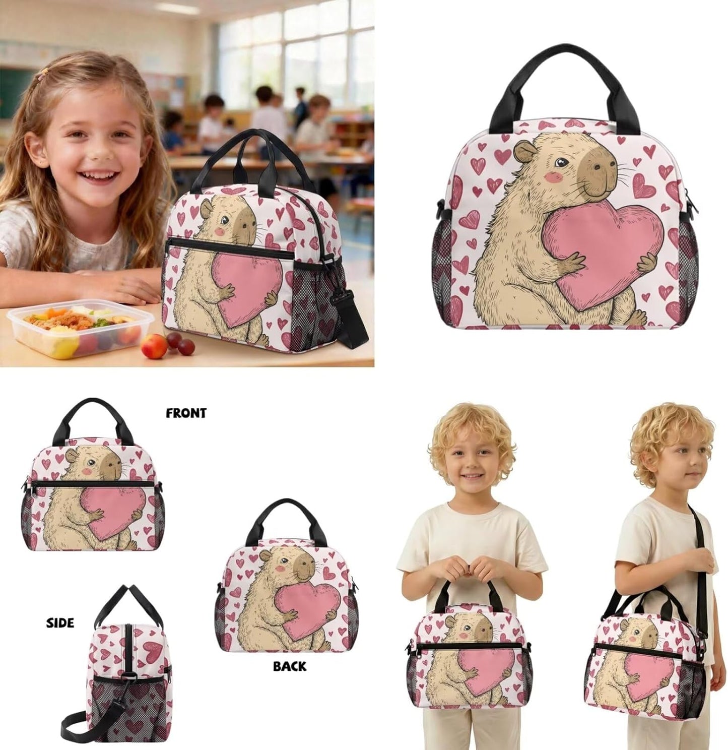 COEQINE Capybara Pink Heart Cute Backpack Toddler with Lunch Box 2 Pcs Customized School Bag with Padded Straps Lightweight Diaper Bag Daypack,13 In