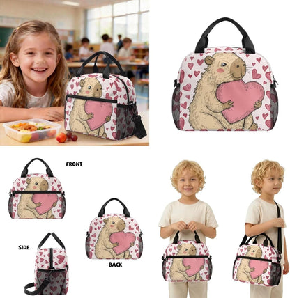 COEQINE Capybara Pink Heart Cute Backpack Toddler with Lunch Box 2 Pcs Customized School Bag with Padded Straps Lightweight Diaper Bag Daypack,13 In