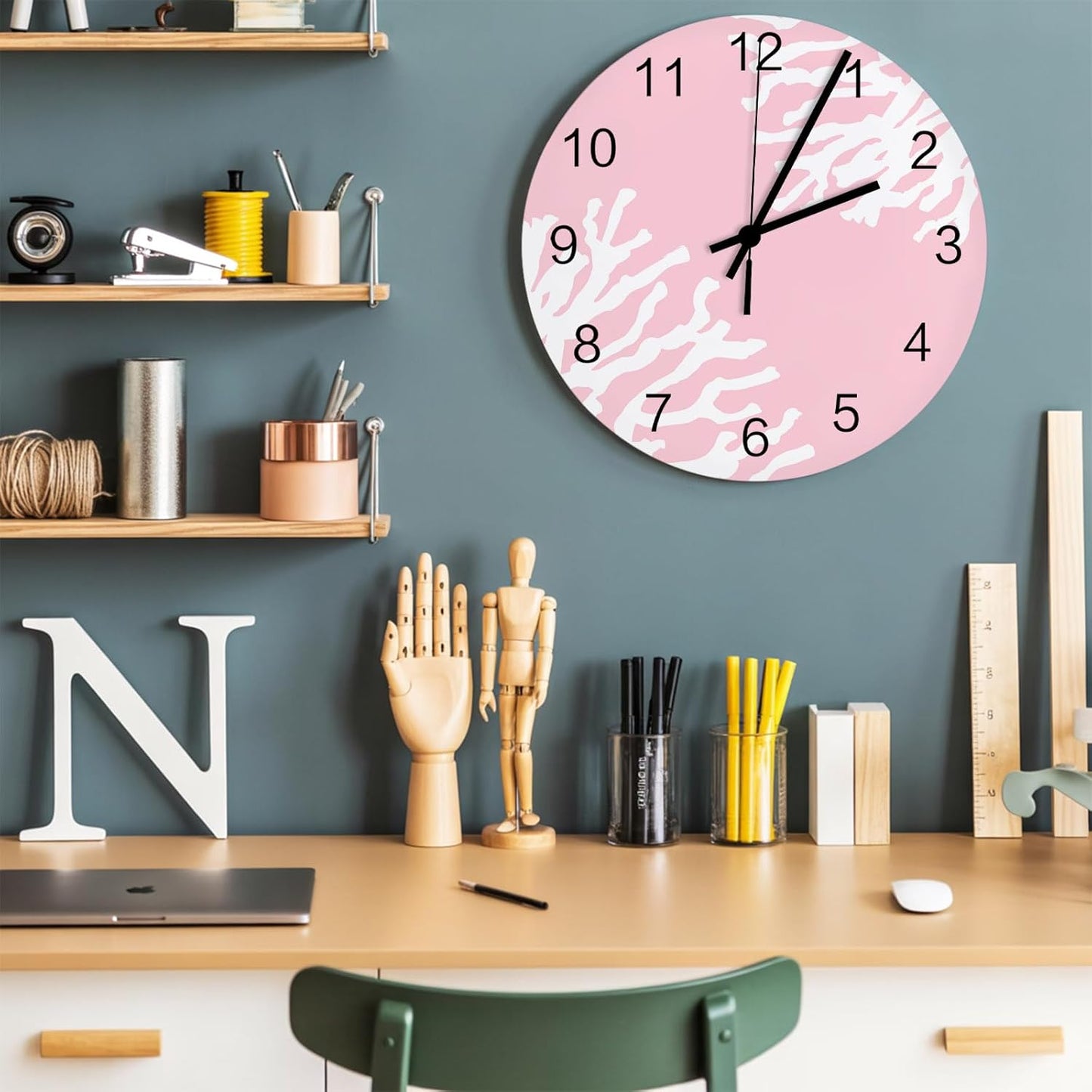 Ocean Wall Clock Battery Operated Non-Ticking 10" Round Wood Clocks, Coral Texture Marine Pink Kitchen Wall Clock for School Bathroom Living Room Home Office Wall Decor