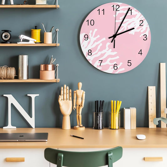 Ocean Wall Clock Battery Operated Non-Ticking 10" Round Wood Clocks, Coral Texture Marine Pink Kitchen Wall Clock for School Bathroom Living Room Home Office Wall Decor