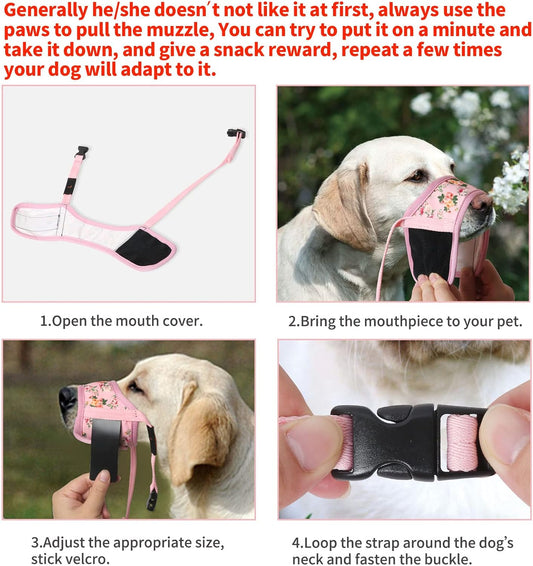HEELE Dog Muzzle,Soft Nylon Muzzle Anti Biting Barking Chewing,Air Mesh Breathable Drinkable Adjustable Loop Pets Muzzle for Small Medium Large Dogs 4 Colors 4 Sizes (P-Pink Flower, S)