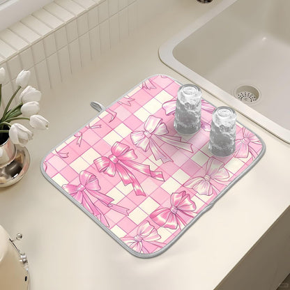 Pink Bow Dish Drying Mat, Absorbent Microfiber Kitchen Counter Mat, Dish Drying Pad for Dishes, 16"x18"