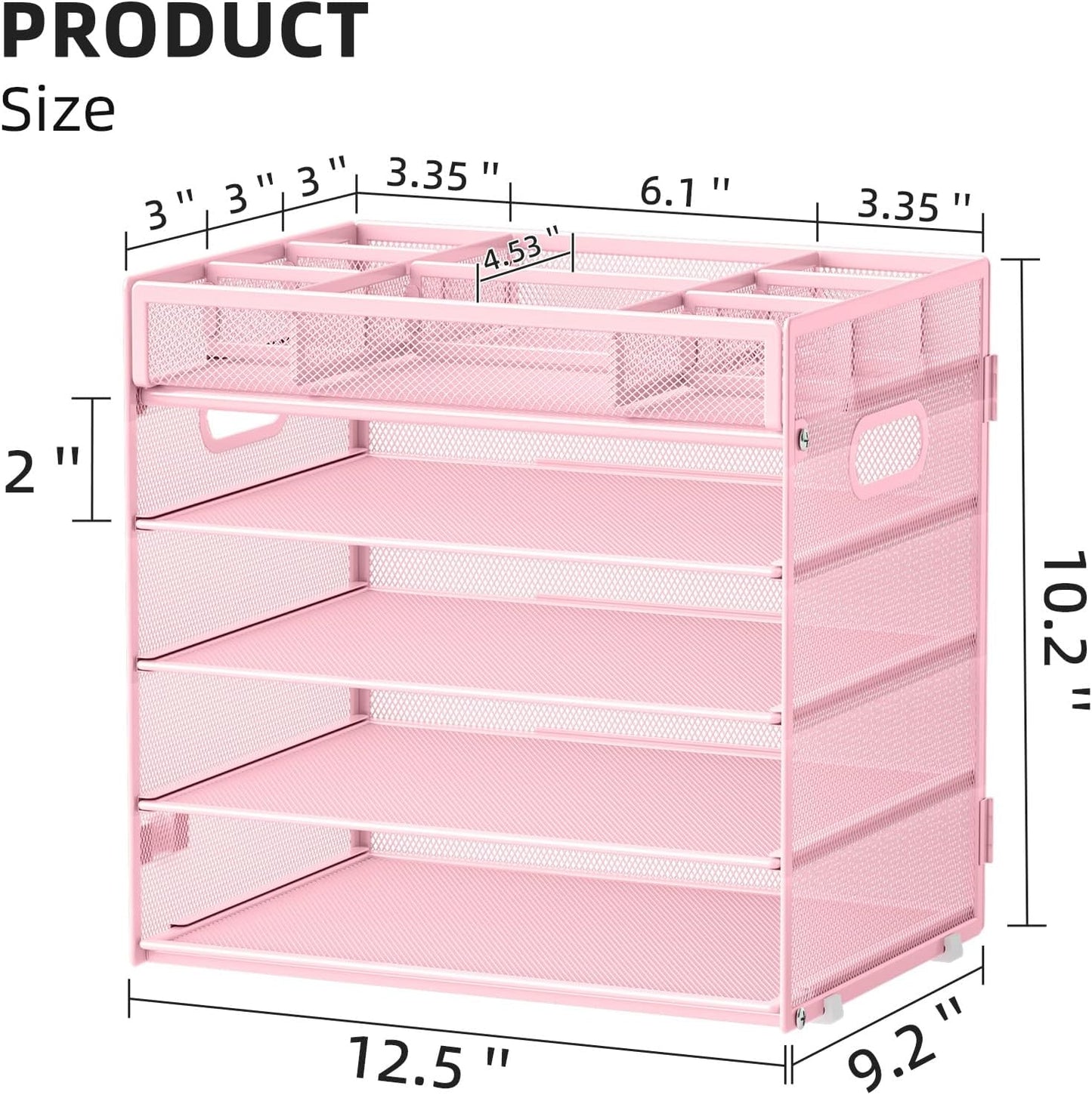 Marbrasse 5 Tier Paper Organizer Letter Tray, Mesh Desk File Organizer with Handle, Paper Sorter Desk Organizer for Home Office Supplies - Pink, Adjustable