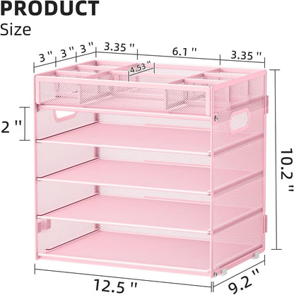 Marbrasse 5 Tier Paper Organizer Letter Tray, Mesh Desk File Organizer with Handle, Paper Sorter Desk Organizer for Home Office Supplies - Pink, Adjustable