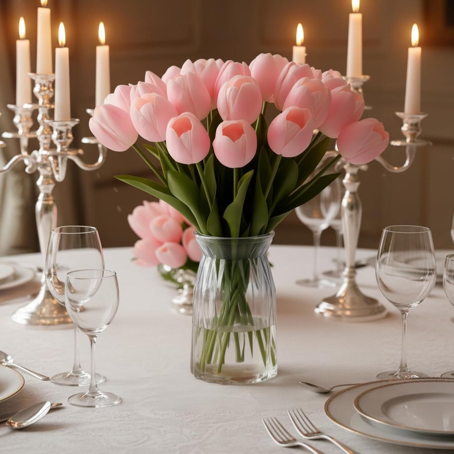16 inch Fake Tulips Artificial Flowers, 20PCS Real Touch Fakes Tulip Plants for Bridesmaid Bouquet and Wedding Ceremony Festivals Anniversary Bridal Rehearsal Party Bar Table Decor-Pink