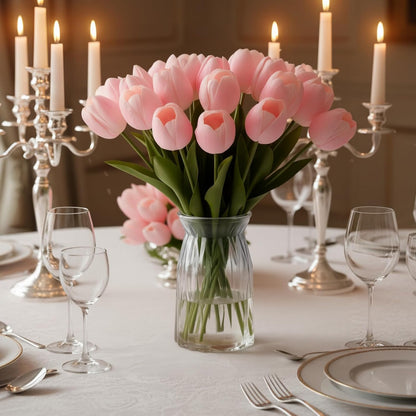 16 inch Fake Tulips Artificial Flowers, 20PCS Real Touch Fakes Tulip Plants for Bridesmaid Bouquet and Wedding Ceremony Festivals Anniversary Bridal Rehearsal Party Bar Table Decor-Pink