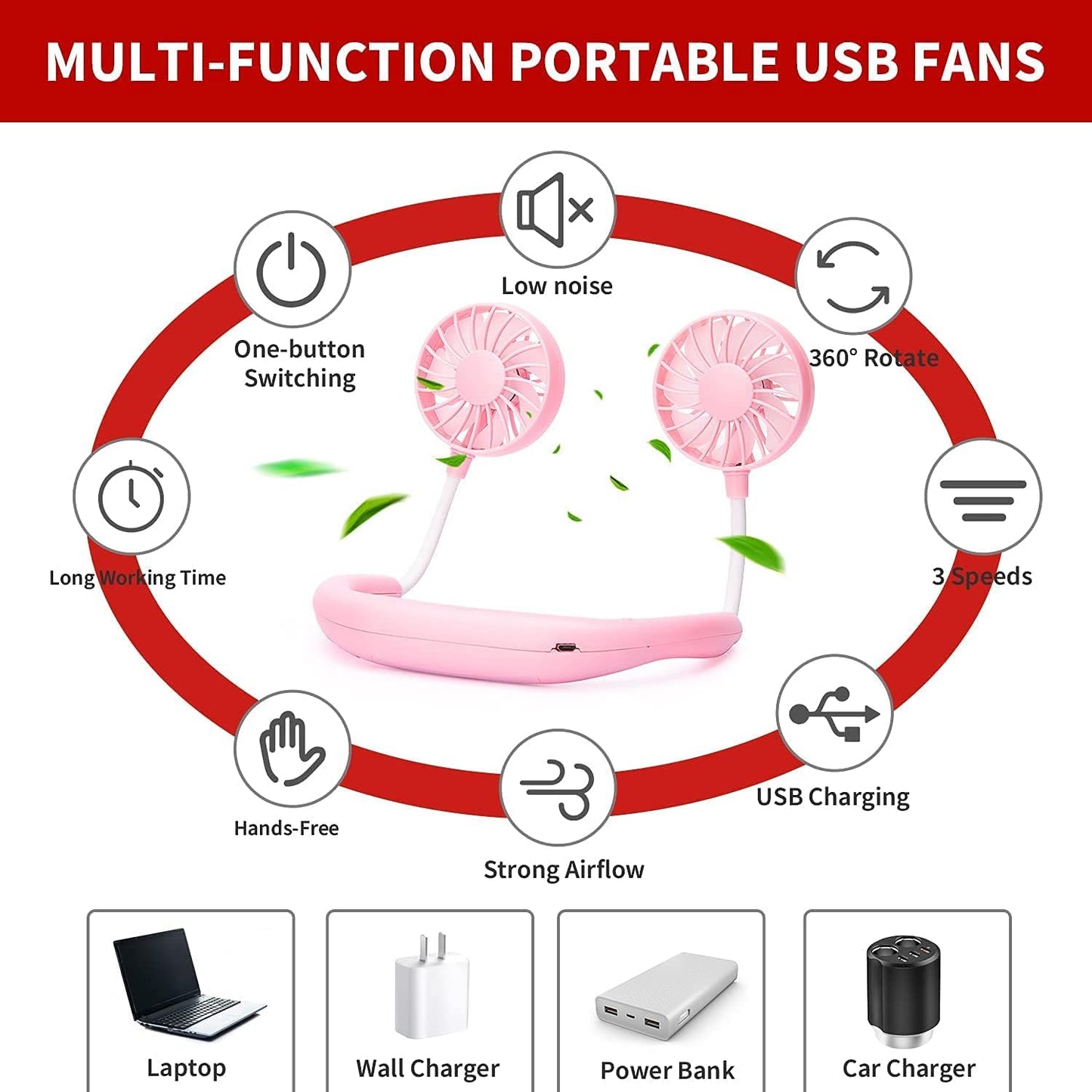 JUANANIUG Portable Neck Fan Rechargeable Personal HandFree Fan Mini USB Wearable Neckband Sport Fan 3 Speed Adjustable 360 Degrees Rotation Perfect for Working Traveling Office Reading (Pink)