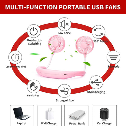 JUANANIUG Portable Neck Fan Rechargeable Personal HandFree Fan Mini USB Wearable Neckband Sport Fan 3 Speed Adjustable 360 Degrees Rotation Perfect for Working Traveling Office Reading (Pink)