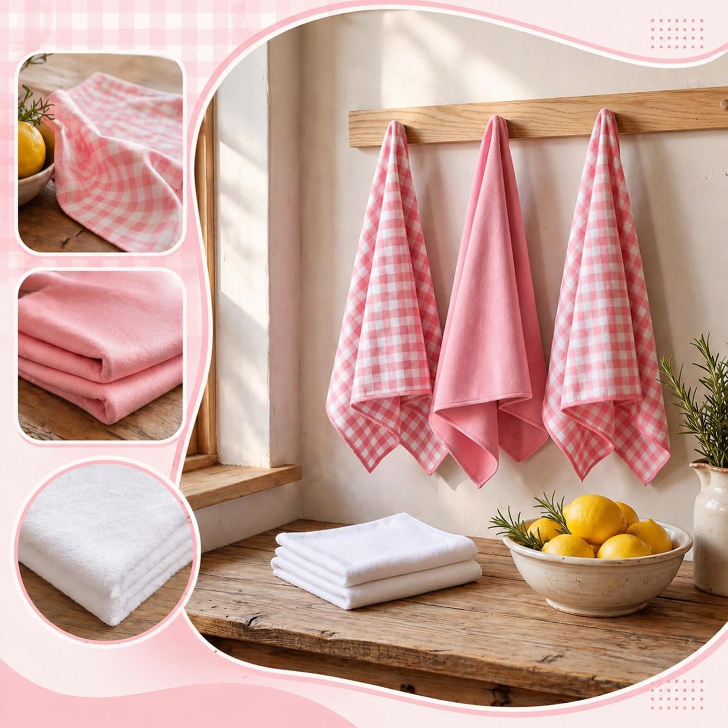 Mindsoft 4 Pcs Gingham Kitchen Towels Set Gingham Dish Towels 29.5 x 15.7 Inch Quick-Drying Hand Tea Towel for Farmhouse Restaurant Accessories Kitchen Decor(Pink and White)