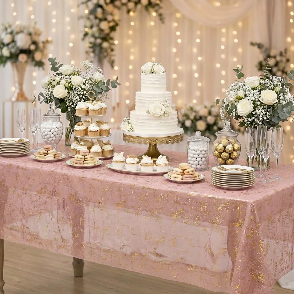 Horaldaily Pink Gold Gauze Tablecloth 60x84 Inch Rectangular, Golden Glitter Metallic Foil Thin Mesh Table Cover, Sheer Tulle Cheesecloth for Wedding Baby Shower Party