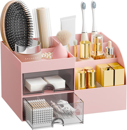 Makeup Organizer with 2 Drawers, Makeup Organizers Countertop for Vanity and Bathroom, Make up organization and Skincare Storage with Brush Holder, for Dresser, Desktop, Cosmetic Display Case (Pink)