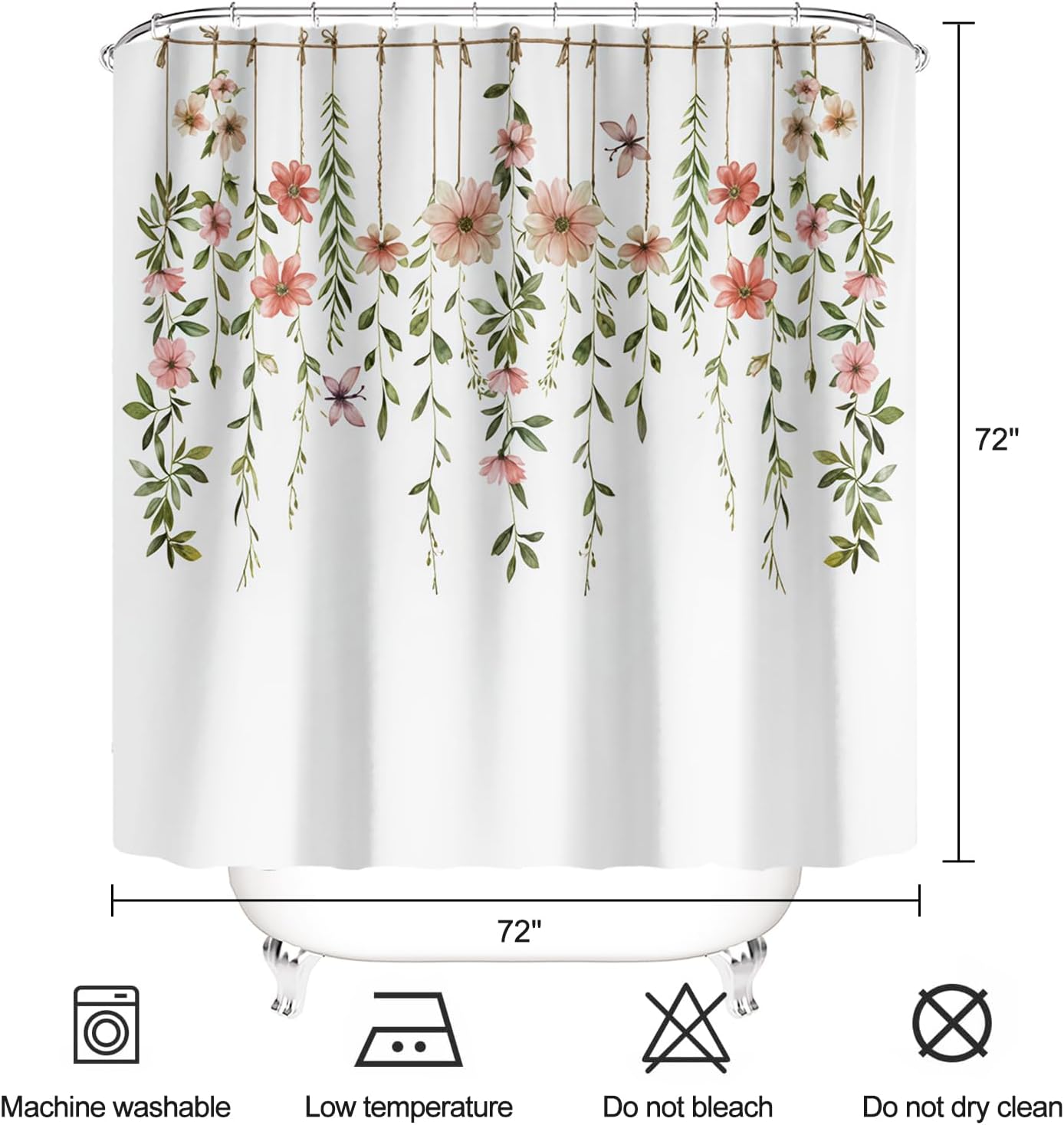Garden Floral Leaves Shower Curtain Pink Flower Green Hanging Leaf Aesthetic Cottegecore Bathroom Curtains Waterproof Polyester Fabric Bath Curtain 72 x 72 Inch with 12 Hooks