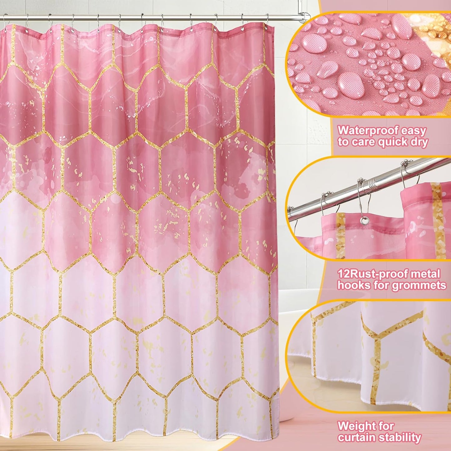25 Pieces Bathroom Set Pink and Gold Bathroom Accessories Set, Shower Curtain and Rugs, Trash Can, Toilet Brush, Soap Dispenser, Soap Dish, Toothbrush Holder, Tumbler, Tray, Qtip Holder for Home Decor