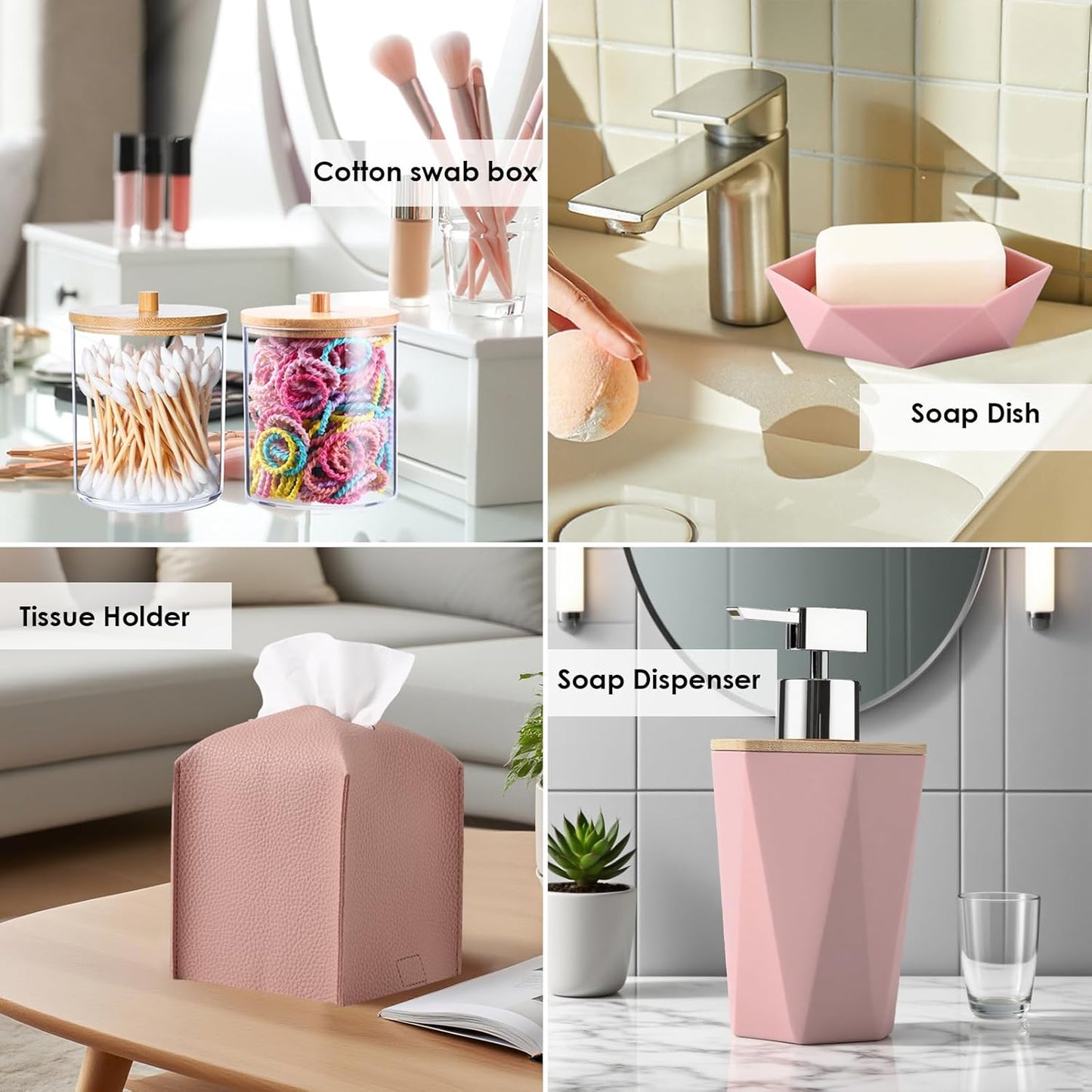 Pink Bathroom Accessories Set, 10 Pieces Bamboo Bathroom Set with Trash Can, Tray, Soap Dispenser, Soap Dish, Toothbrush Holder, Toothbrush Cup, Tissue Holder, Toilet Brush and Qtip Holders