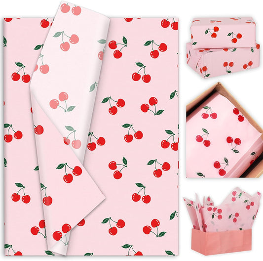 JarThenaAMCS 100 Sheets Cherry Tissue Paper Pink Gift Wrapping Paper Summer Fruit Decorative Art Tissue for DIY Crafts Small Business Birthday Party Decor, 14 x 20 Inch