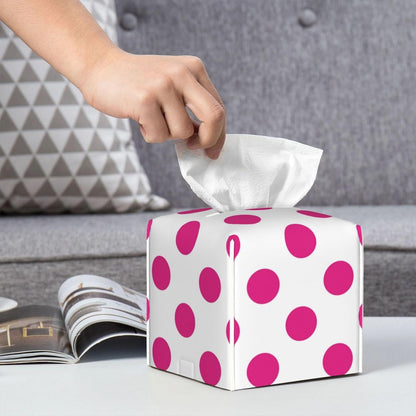 Decorative Tissue Box Cover Square - Hot Pink Polka Dot Pattern Print Leather Cube Tissue Box Holder Paper Case, Organizer Dispenser for Modern Home & Room/Office/Bathroom Decor Aesthetic