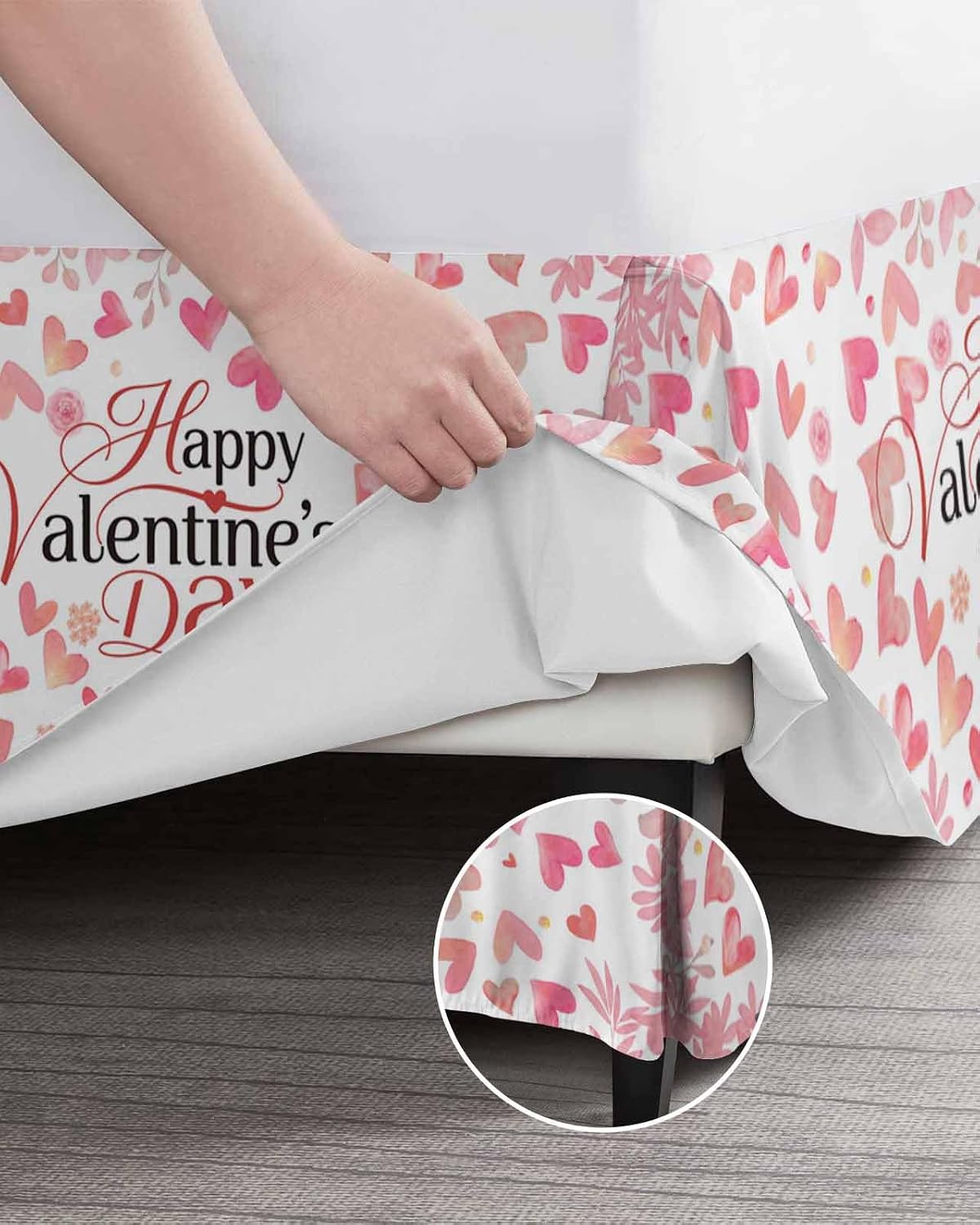 Valentine's Day Bed Skirt Queen Size 16 Inch Drop with Split Corners, Dust Ruffled Pleated Bed Skirts Wrap Around Tailored Bedding Skirt Valance for Bedroom Peach Pink Love Floral Modern Romantic